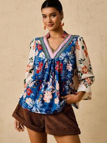 Travachic 大码女式花卉印花 V 领 3/4 袖收腰 A 字型衬衫，适合初秋