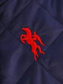 SHEIN 男婴休闲复古刺绣装饰前拉链口袋绗缝棉质飞行员夹克外套，秋冬季，男婴保暖内衬高品质棒球夹克，幼儿冬季棉质羽绒服，蓝色冬季外套，男婴夹克，男婴绗缝夹克，男婴外套，男婴夹克，男婴冬季外套，男婴飞行员夹克，秋季 - 藍色 - 查看 4