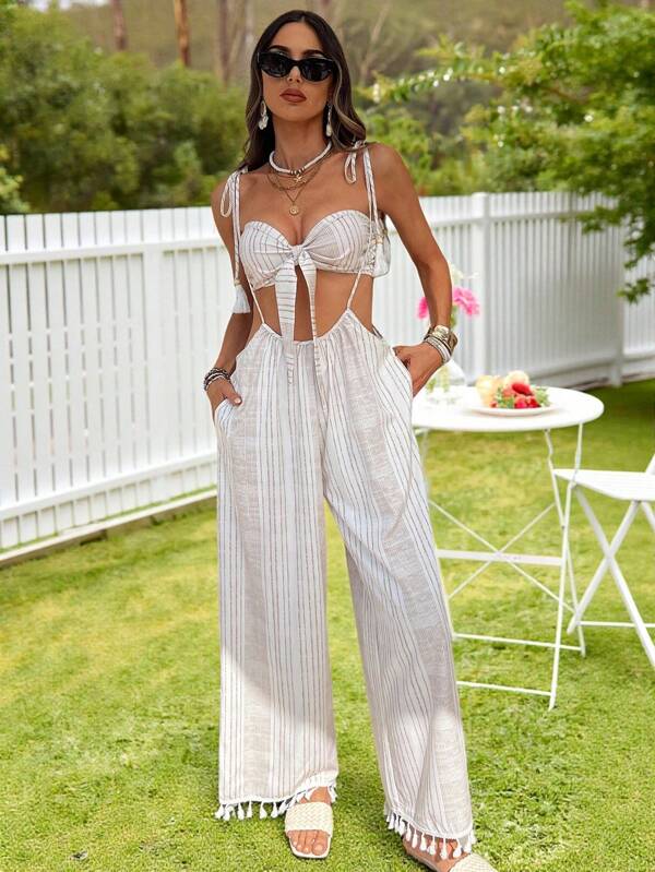 KARISMINA 2pcs Women's Summer Oatmeal Plaid Tied Bandeau Flax Blend Tassel Fringe Boho Tube Tops And Pants Set Festival Outfit Tulum Bali Vacation Outfit Yoga Goddess Kundalini Pants Western Fringe Rave Set Two Pieces Set Women Going Out Vacation Summer Clothes Women