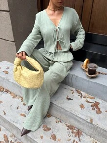 SHEIN EZwear 2-Piece Commuter Autumn Outfit Set 100% Cotton Mint Green Casual Waist Tie Shirt And Drawstring Waist Wide-Leg Pants Set, Autumn Women's Clothing, Old Style Women's Clothing Bohemian - Green - View 4