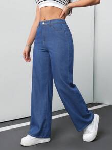SHEIN Tall CURVE Pantalones vaqueros anchos de pierna ancha de talla grande de color azul oscuro sueltos para mujeres, para el trabajo, el aeropuerto, las vacaciones, el club, de cintura alta, vintage, con control de barriga, de talla grande y de pierna ancha