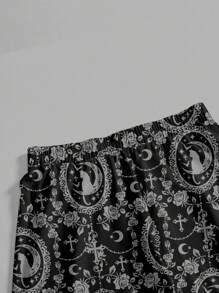 ROMWE Goth 哥特式黑暗猫十字月宫奢华黑暗恐怖浪漫藤蔓印花黑色加大码裤子，万圣节