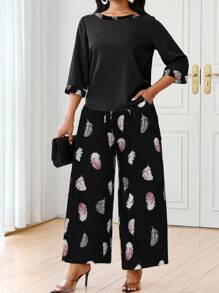 SHEIN Lady 大码优雅办公室装羽毛印花衬衫和裤子两件套秋季女装女士教师服装万圣节服装女士教堂服装女士秋季服装大码 - 黑色 - 查看 3
