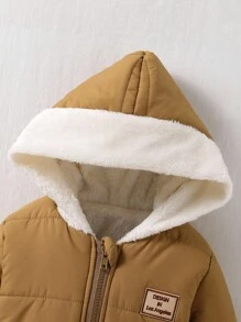 SHEIN Playful Pals 男婴幼儿 0-3 岁休闲日常百搭保暖羊毛连帽厚夹克，秋冬 - 卡其色 - 查看 4