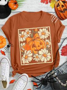 EMERY ROSE Halloween Pumpkin And Flower Print Plus Size T-Shirt - Brown - View 3