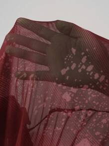 EMERY ROSE 大码女装夏秋季酒红色印花V领荷叶边短袖休闲宽松束腰上衣衬衫，夏季假日女装，简约时尚，适合日常穿着、外出，2025新款，秋季 - 酒紅色 - 查看 6