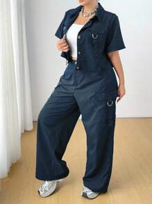 Flirla 大码休闲实用衬衫和裤子两件套 - 寶藍色 - 查看 3
