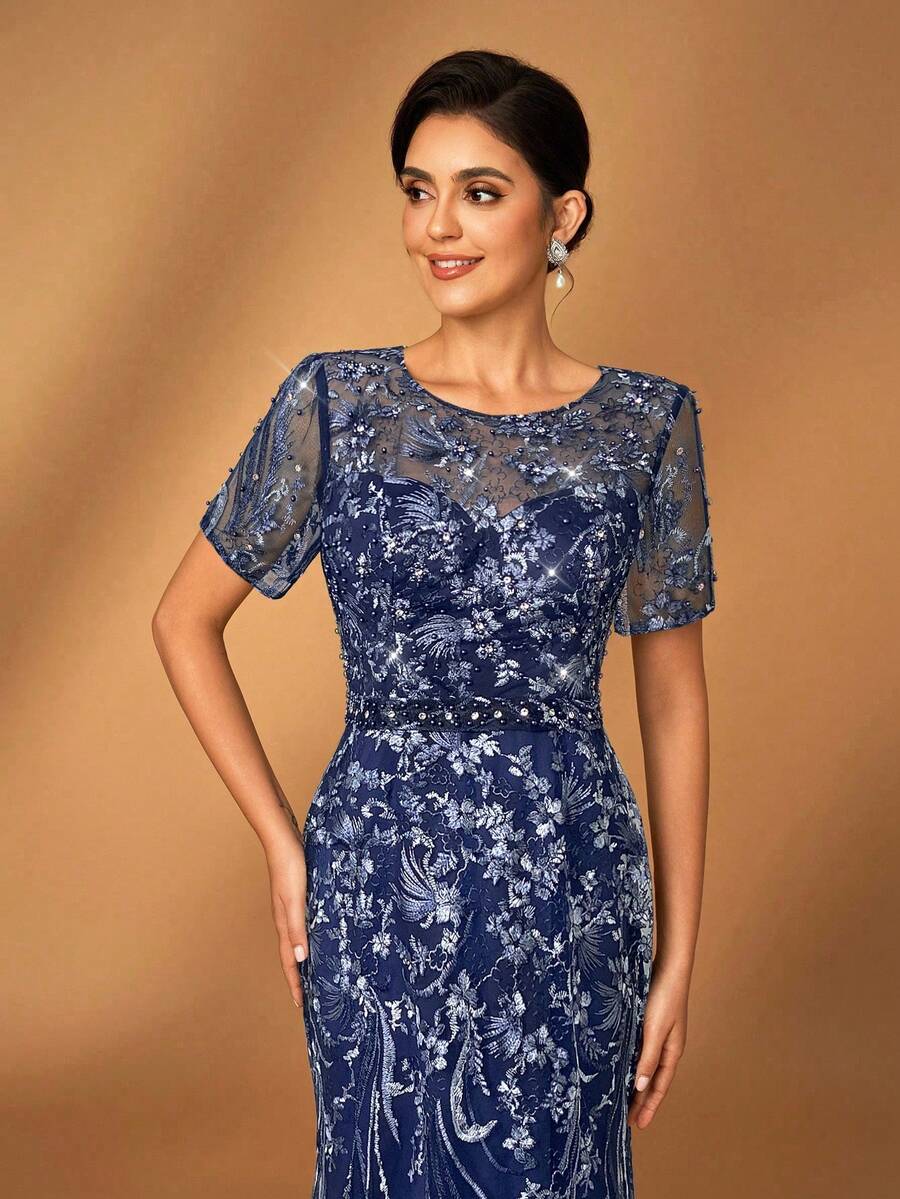 Serin 优雅奢华刺绣蕾丝亮片花卉图案泡泡珍珠透视袖连衣裙，适合婚礼、派对、度假、舞会、晚礼服、新娘母亲 - 藏蓝色 - 查看 1