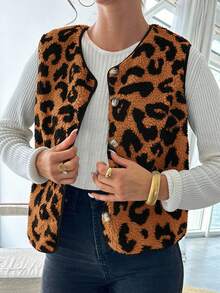 Firerie Damen Leoparden-Muster Teddy-Fleece Einreiher Lässig Weste Jacke für Herbst/Winter