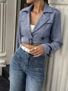 SHEIN LUNE Jaqueta Casual Curta com Colarinho e Dupla Fileira de Botões para Mulheres - Azul Empoeirado - Visão 4