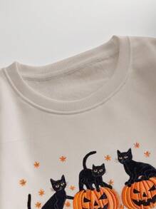 INAWLY 女式卡通猫和南瓜图案圆领长袖休闲羊毛运动衫 - 杏色 - 查看 4