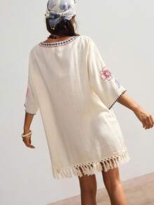 Bohemela 女士休闲纯色梭织V领宽松迷你连衣裙 - 杏色 - 查看 7