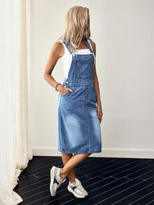 EMERY ROSE Slant Pocket Split Back Denim Overall Dress Without Tee