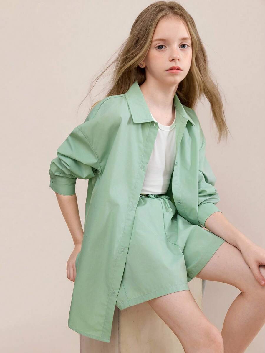 SHEIN 买二送一 青少年女孩休闲返校蓝绿色衬衫短裤搭配短款套头衫背心三件套 Se,优雅休闲 - 彩色 - 查看 1