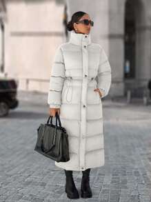 EURMUSE Zip Up Drawstring Waist Long Padded Coat - Cream - View 4