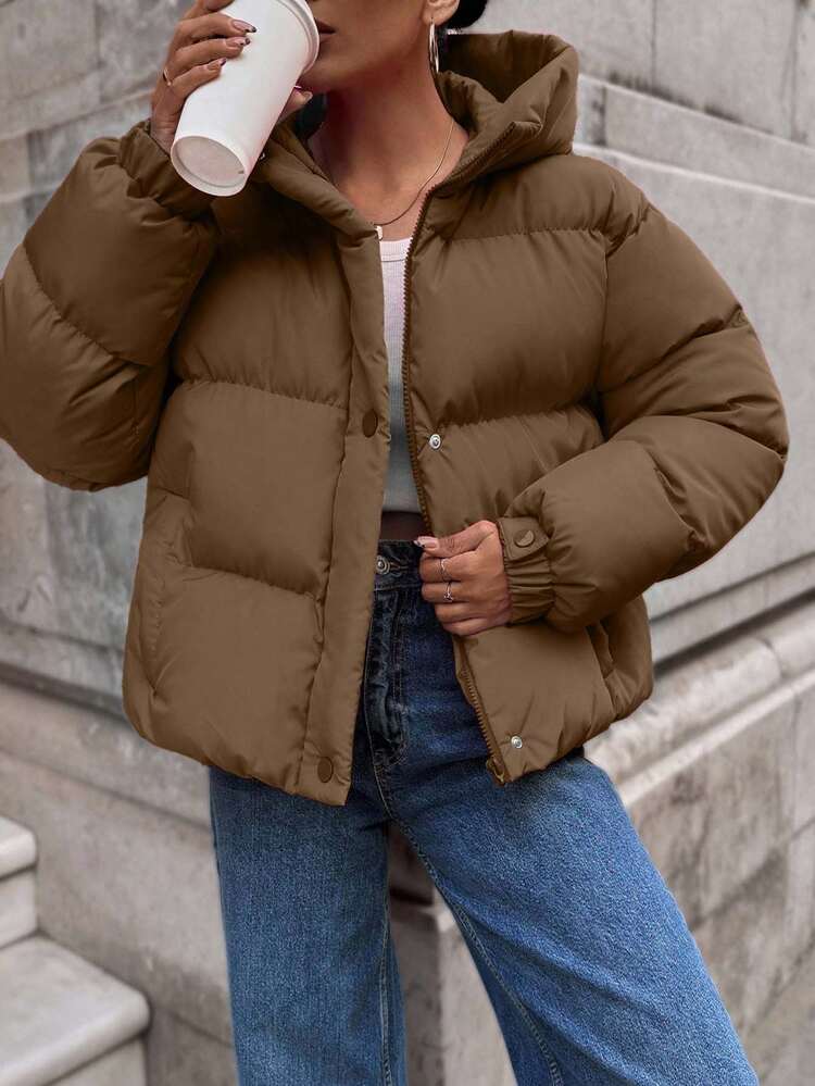 Winter Jacket For Women With Hood And Pockets ,Plaid Woven Fashion Coat Solid High Street, Warm And Thick - Camel - View 4