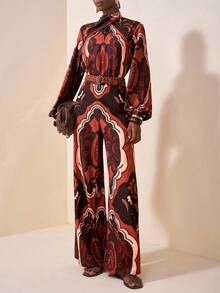 Zivah 2025 夏季新款音乐节、复活节、母亲节、婚礼季、出席婚礼、生日派对、日常穿着、百搭百搭、休闲、度假、邮轮旅行、海滩、日光浴、病毒式传播、街头服饰、优雅、通勤交叉领灯笼袖阔腿裤、对称复古印花女式连体裤 - A - 彩色 - 查看 7