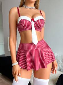 SHEIN 5 件女士性感内衣套装（钢圈文胸、丁字裤、迷你裙、2 件长袜） - 紅白色 - 查看 5