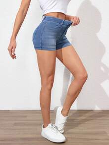 SHEIN EZwear Damen anliegende Denim-Shorts mit Taschen, lässiges und vielseitiges Strickmaterial - Blau - Übersicht 4