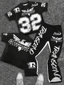 SHEIN Bolty 2pcs Tween Boy Casual Text, Stylish Eagle Graphic Print Crew Neck T-Shirt And Flare Pants Set, Suitable For Summer, Back To School, Y2K, Kids Clothes - Multicolor - View 1