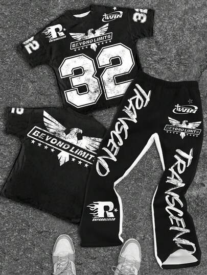 SHEIN 2 st. set med tween-pojkar, avslappnad text, snygg t-shirt med örntryck och grafiskt tryck, rund hals och utsvängda byxor, lämplig för sommaren, skolstart, år 2000, barnkläder