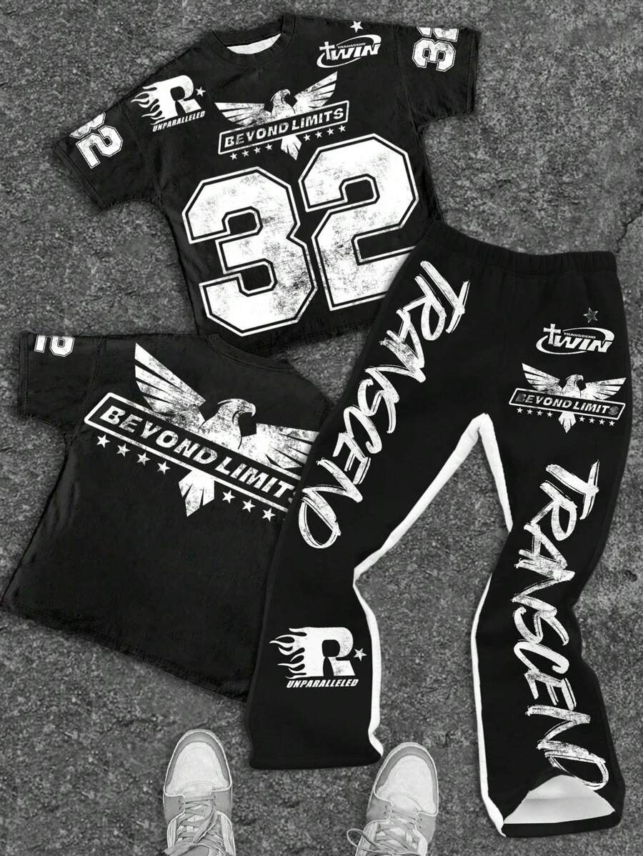 SHEIN Bolty 2pcs Tween Boy Casual Text, Stylish Eagle Graphic Print Crew Neck T-Shirt And Flare Pants Set, Suitable For Summer, Back To School, Y2K, Kids Clothes - Multicolor - View 1