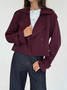 Aloruh 女士休闲通勤纯色双排扣风衣秋季女装秋季所有女装秋季女装秋季女装秋冬女装冬季女装冬季外套女返校节学校老师栗色短款风衣外套超短款气质显瘦深秋女神显瘦酒红色西装外套