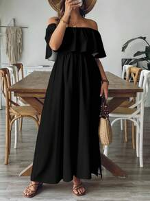 SHEIN VCAY 大码黑色露肩宽松A字连衣裙，度假休闲连衣裙，黑色连衣裙 - 彩色 - 查看 6