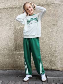 SHEIN Explorewe Tween Girl Casual Green And White Autumn Clothes Set,Letter Graphic V-Neck Ribbed Sweatshirt&Striped Wide Leg Jogger Pants 2pcs Back-To-School School - White - View 3