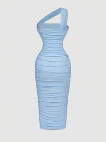 SHEIN X Belle Mariano SHEIN MOD Váy không tay xếp ly bất đối xứng cổ điển dành cho nữ - Màu xanh lam - Xem 2