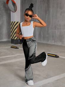 SHEIN Quần dài denim túi cài nút phía trước đơn giản cho bé gái tuổi mới lớn - màu đen - Xem 5