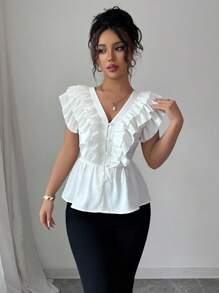 Elenzga 女式夏季优雅V领双荷叶边下摆收腰衬衫