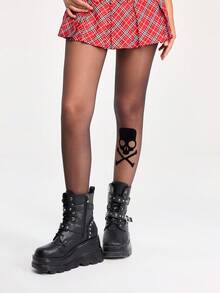 ROMWE Grunge Punk 1 Pair Sexy Skeleton Print Tights, Y2K Minimalist Style Solid Black Pantyhose, Super Thin Elastic Sheer Leggings - Black - View 1