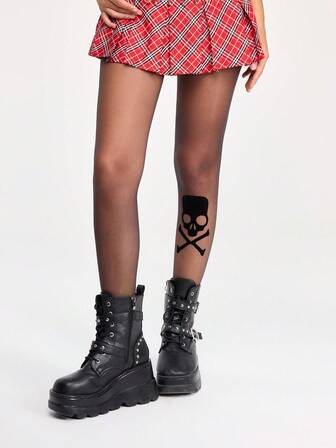 Grunge Punk 1 Paio di Collant Sexy con Stampa Scheletro, Collant Neri Tinta Unita in Stile Minimalista Y2K, Leggings Trasparenti ed Elastici Super Sottili