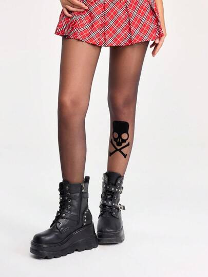 Grunge Punk 1 Pair Sexy Skeleton Print Tights, Y2K Minimalist Style Solid Black Pantyhose, Super Thin Elastic Sheer Leggings