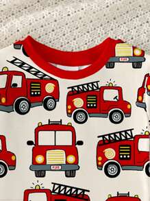 Toddler Boys Round Neck Short Sleeve Long Pajama Set Featuring Fun Cartoon Fire Truck Pattern Baby Boy Fire Truck Clothes Toddler Fire Truck Pajamas Baby Boy Firetruck Outfit 2 Piece Baby Boy Pajamas Boys Pajama Set Cotton