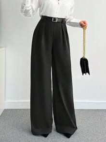 SHEIN Tall 女士纯色高腰阔腿裤 - 黑色 - 查看 3