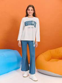SHEIN Tween Girl Blue And White 2 Pieces Set Loose Drop Shoulder Top&Flare Pants,Brooklyn Letter Print Casual Autumn School Back-To-School Sports Outfit - Blue - View 3