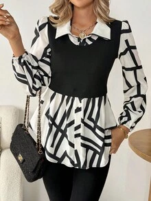 SHEIN LUNE 休闲通勤印花拼接二合一上衣，适合春秋季穿着 - 彩色 - 查看 7