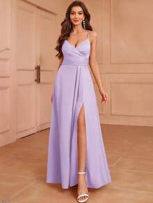 SHEIN Belle 成人伴娘礼服，正面有褶皱，侧面高开叉，细肩带，纯色 - 紫丁香色 - 查看 5