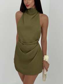Aloruh 女士简约露背系带百褶迷你连衣裙 - 軍綠色 - 查看 6