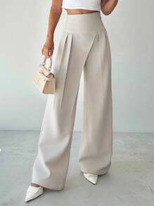 Firerie 女士新款简约优雅绿色中腰宽松直筒裤，百搭日常休闲装、通勤装、时尚装、夏季装、办公室装、海滩度假装 - 杏色 - 查看 8