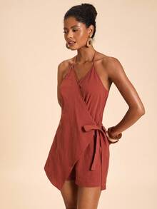 Travachic 女士纯色编织吊带连体裤，度假女士夏季连体裤，吊带连体裤，休闲连体裤，裹身式连体裤，度假连体裤 - 紅木色 - 查看 6