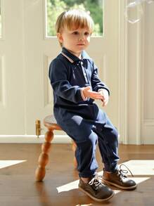 Souflis Souflis 1 Stück Minimalistischer Polokragen Rippstrick Langarm Jumpsuit für Säuglinge, Marineblau, Herbst/Winter Marineblauer Baby Jungen Jumpsuit Baby Jungen Jumpsuit Baby Jungen Kleidung Jungen Kleidung für Babys - Königsblau - Übersicht 1