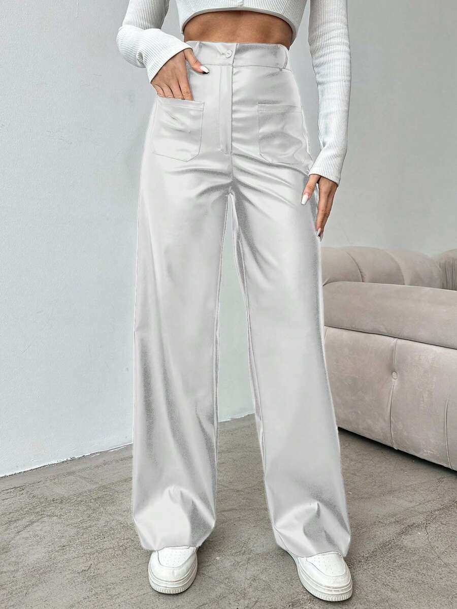 EURMUSE Women's Solid Color High Waist Straight Leg Pants, Suitable For Commuting - White - View 1