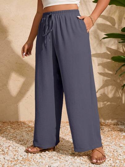 EURMUSE Plus Size Women's Solid Color Drawstring Waist Tie Pocket Wide Leg Casual Pants