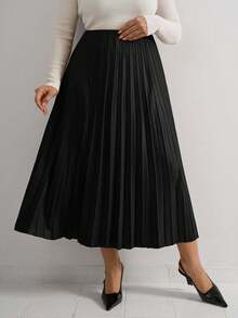 EURMUSE Váy da PU xếp ly cạp cao cỡ lớn không kèm thắt lưng - màu đen - Xem 6