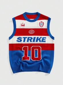 ROMWE MEN Prep Chaleco de punto con rayas de contraste y patrón de letras para hombre, otoño e invierno - Azul - Ver 1