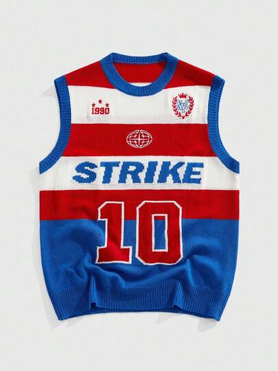 Street Life Herren Kontrast Streifen & Buchstaben Muster Strickweste, Herbst Winter