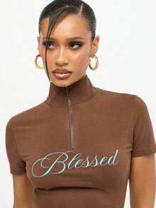 SUMWON WOMEN Two Piece High Neck Zip Top And Booty Shorts Co Ord Set - Crop Set With Lettering Print Festival Summer Beachwear - Brown - View 8